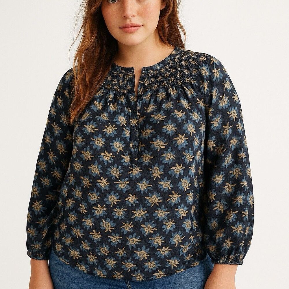 Croft & Barrow Women's XXL Plus Floral Blue Long Sleeve Boho Casual Blouse‎